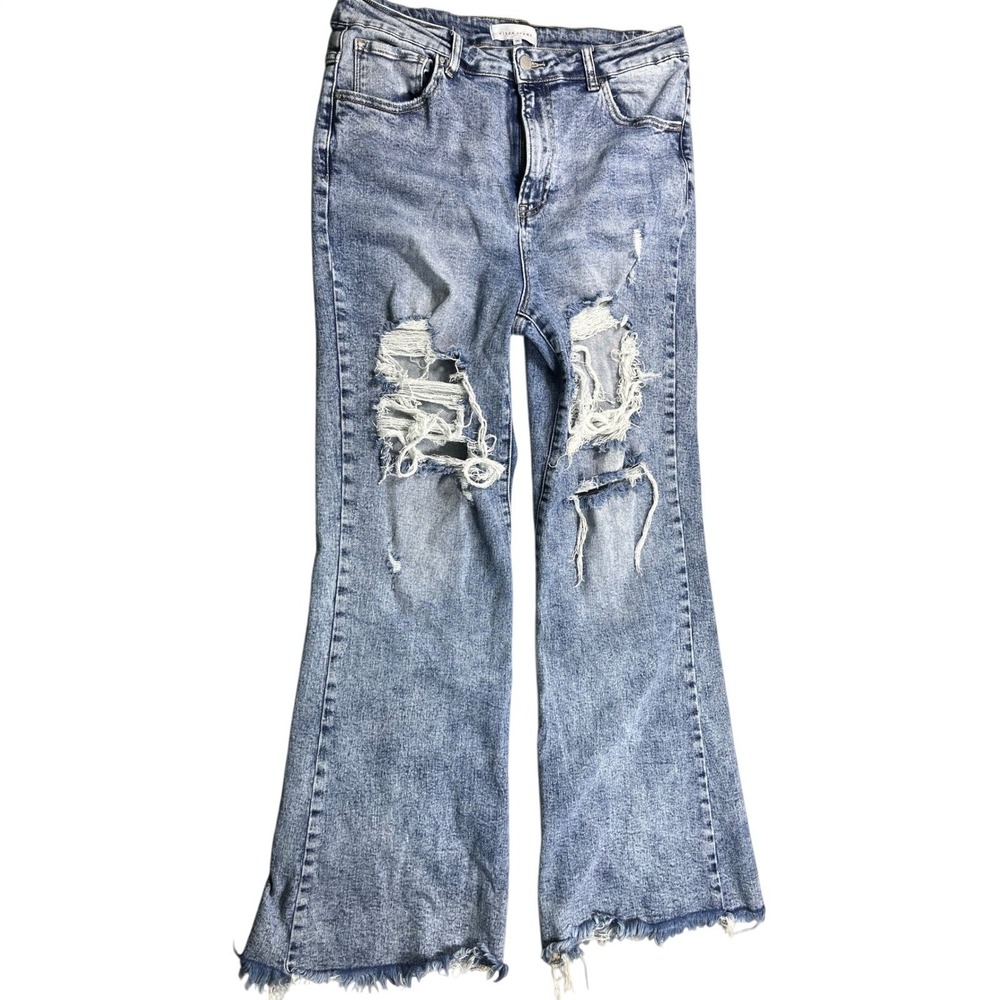 Risen Jeans 1XL Light Wash Distressed Flare Jeans Raw Hem Plus Size